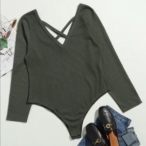 Shein Green Plus Criss Cross Tee Bodysuit